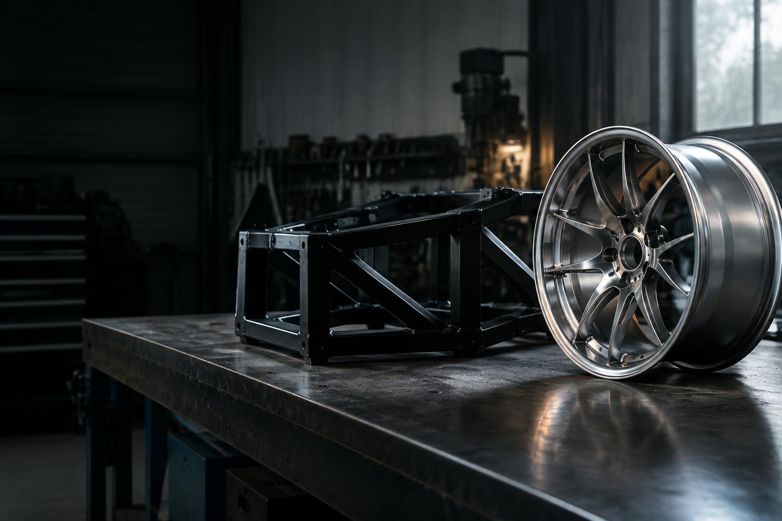Sfeerbeeld van een afgewerkte velg en gecoat metalen frame